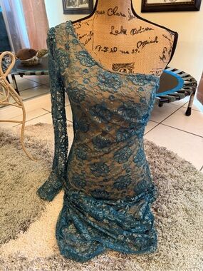 Teal One-Shoulder Lace Bodycon Dress